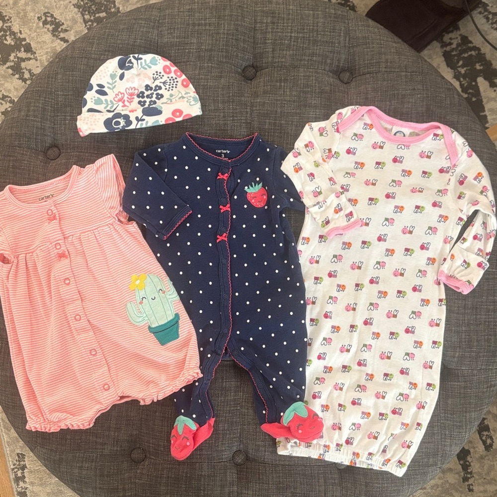4 Piece Bundle 3-6 Romper, Footies, Gown + Hat